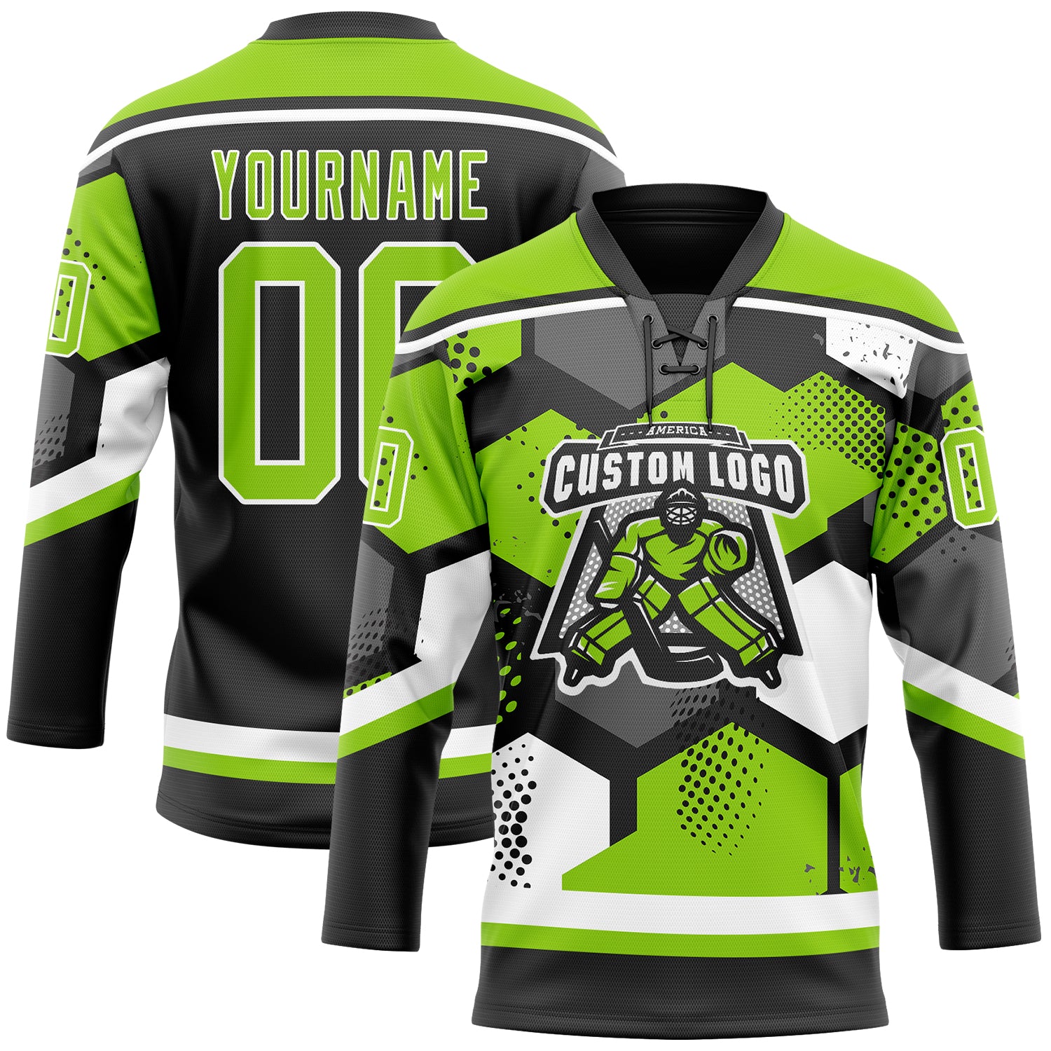 Custom Neon Green Black-White 3D Pattern Geometric Shape Hockey Lace Neck Jersey