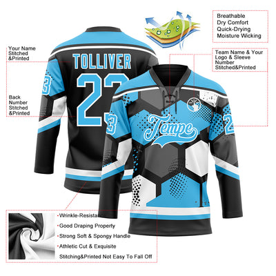 Custom Sky Blue Black-White 3D Pattern Geometric Shape Hockey Lace Neck Jersey