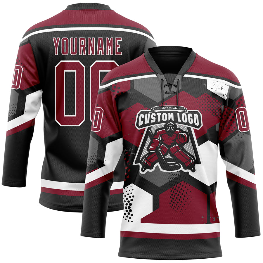 Custom Crimson Black-White 3D Pattern Geometric Shape Hockey Lace Neck Jersey