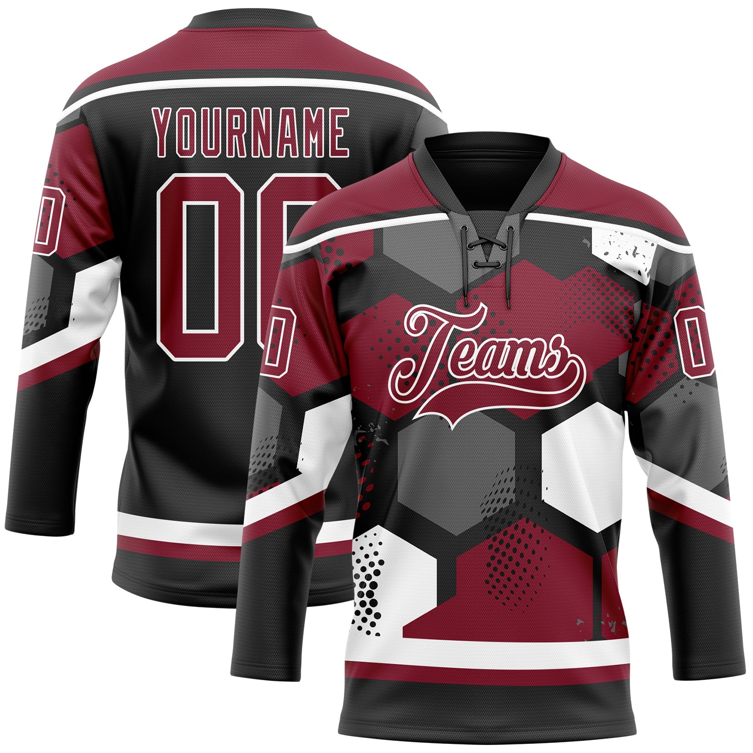 Custom Crimson Black-White 3D Pattern Geometric Shape Hockey Lace Neck Jersey