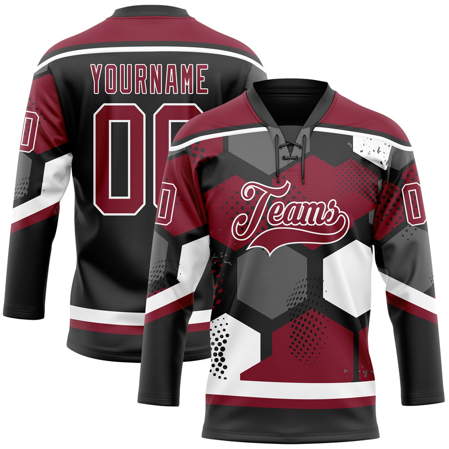 Custom Crimson Black-White 3D Pattern Geometric Shape Hockey Lace Neck Jersey