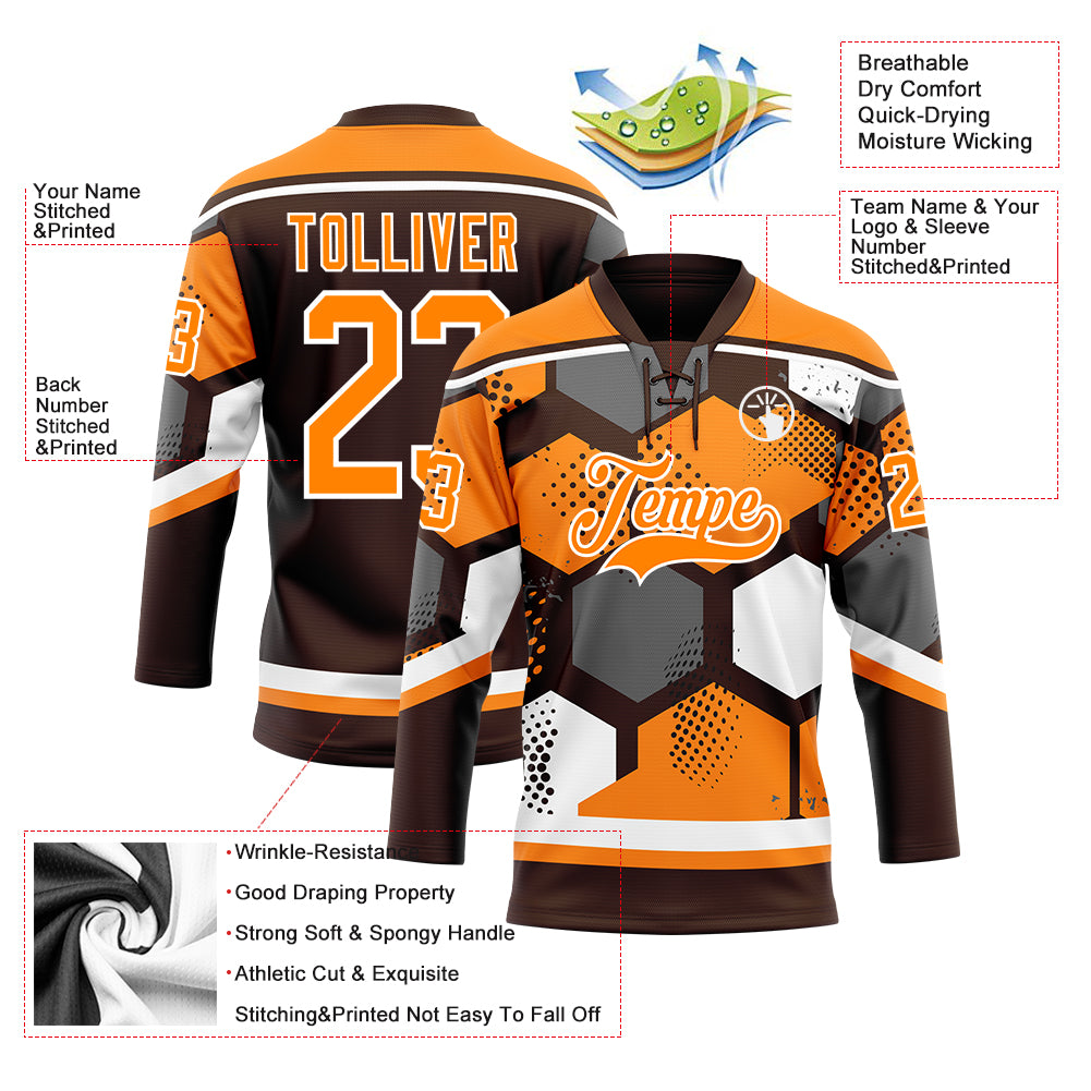 Custom Bay Orange Brown-White 3D Pattern Geometric Shape Hockey Lace Neck Jersey