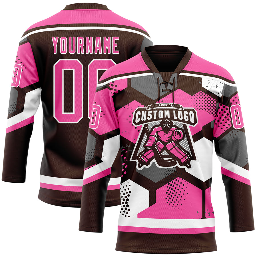Custom Pink Brown-White 3D Pattern Geometric Shape Hockey Lace Neck Jersey