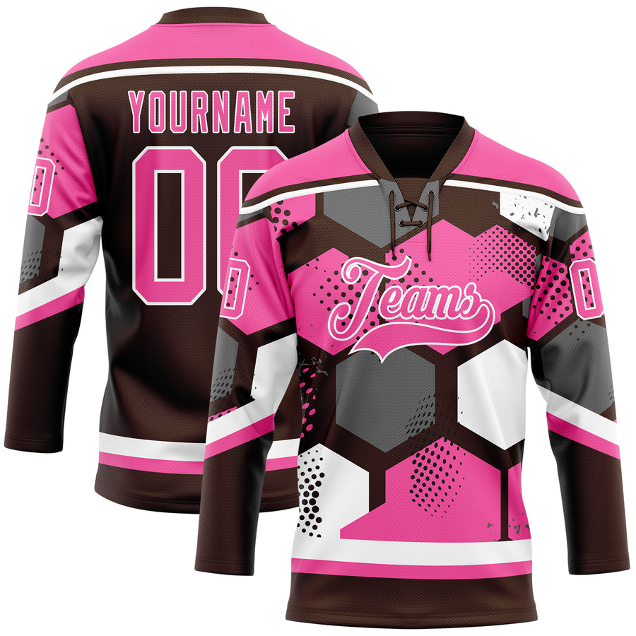 Custom Pink Brown-White 3D Pattern Geometric Shape Hockey Lace Neck Jersey