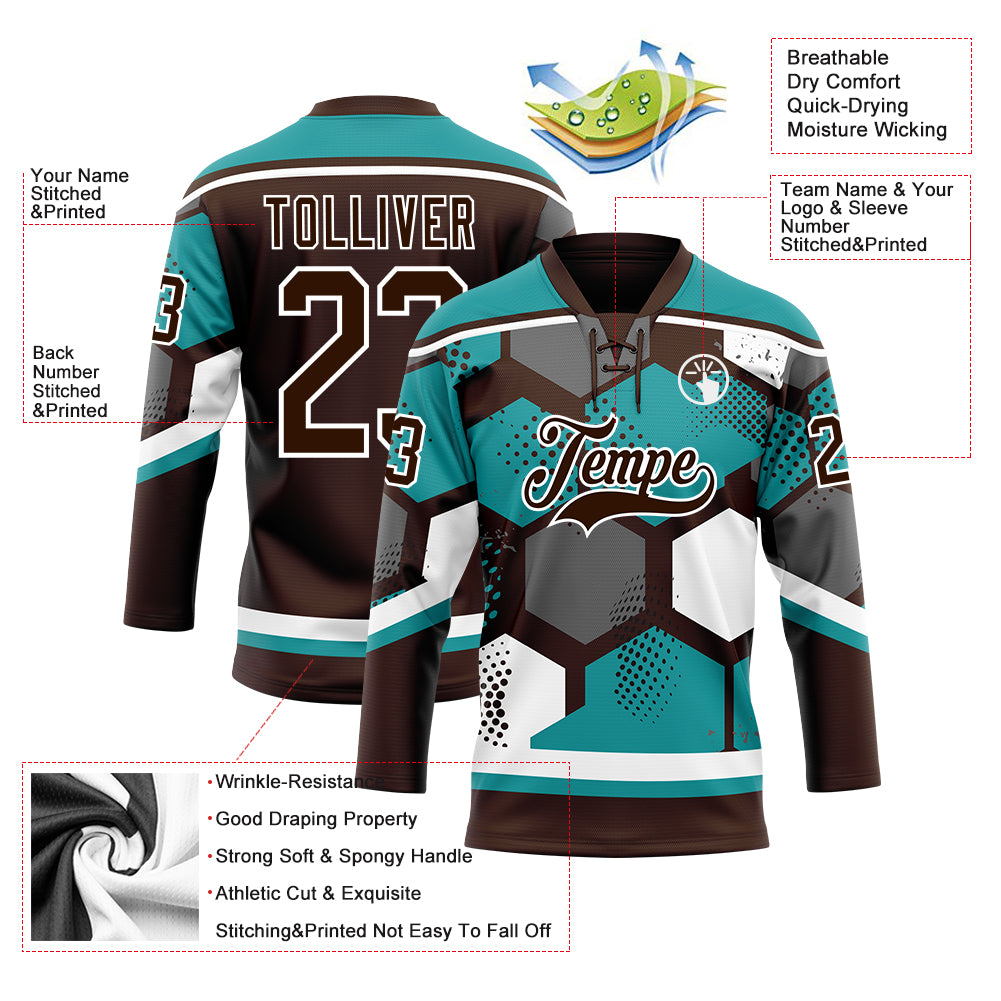 Custom Teal Brown-White 3D Pattern Geometric Shape Hockey Lace Neck Jersey