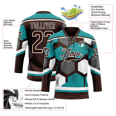 Custom Teal Brown-White 3D Pattern Geometric Shape Hockey Lace Neck Jersey