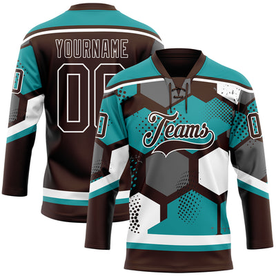 Custom Teal Brown-White 3D Pattern Geometric Shape Hockey Lace Neck Jersey