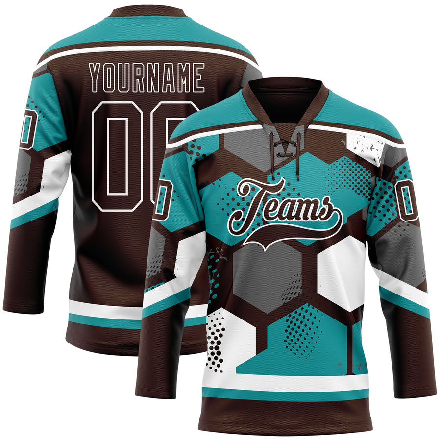 Custom Teal Brown-White 3D Pattern Geometric Shape Hockey Lace Neck Jersey