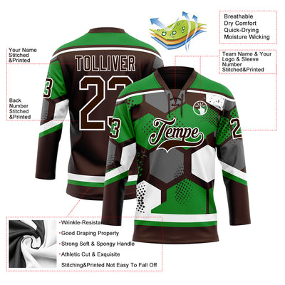 Custom Grass Green Brown-White 3D Pattern Geometric Shape Hockey Lace Neck Jersey