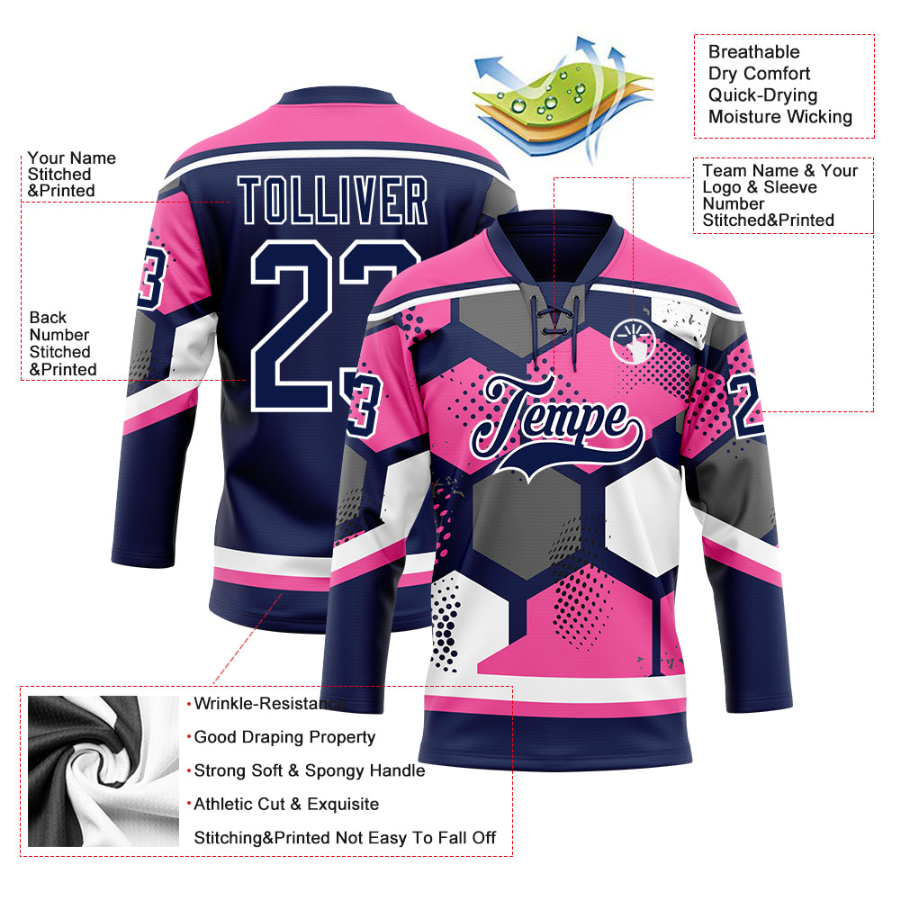 Custom Pink Navy-White 3D Pattern Geometric Shape Hockey Lace Neck Jersey