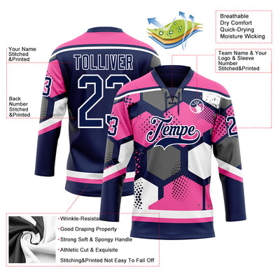 Custom Pink Navy-White 3D Pattern Geometric Shape Hockey Lace Neck Jersey