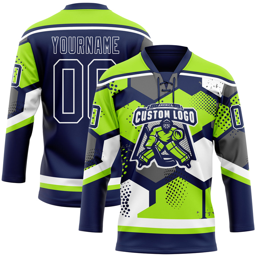Custom Neon Green Navy-White 3D Pattern Geometric Shape Hockey Lace Neck Jersey