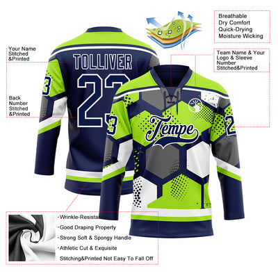 Custom Neon Green Navy-White 3D Pattern Geometric Shape Hockey Lace Neck Jersey