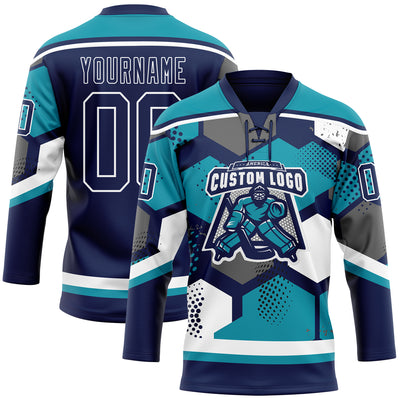 Custom Teal Navy-White 3D Pattern Geometric Shape Hockey Lace Neck Jersey