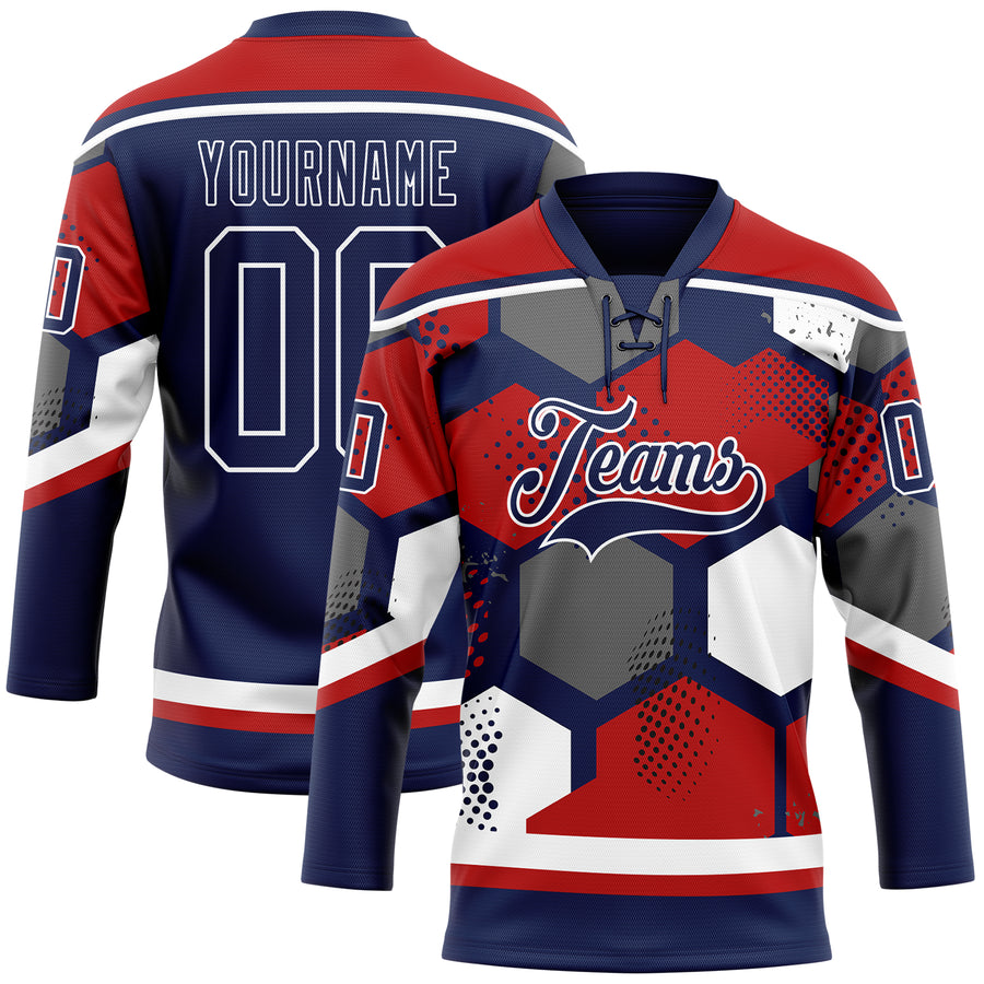 Custom Red Navy-White 3D Pattern Geometric Shape Hockey Lace Neck Jersey