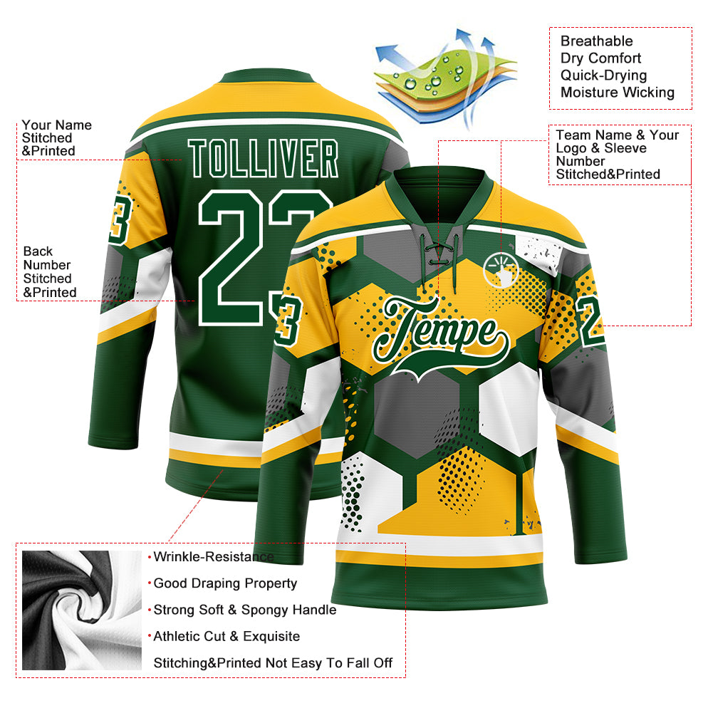 Custom Gold Green-White 3D Pattern Geometric Shape Hockey Lace Neck Jersey