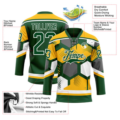 Custom Gold Green-White 3D Pattern Geometric Shape Hockey Lace Neck Jersey