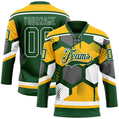 Custom Gold Green-White 3D Pattern Geometric Shape Hockey Lace Neck Jersey