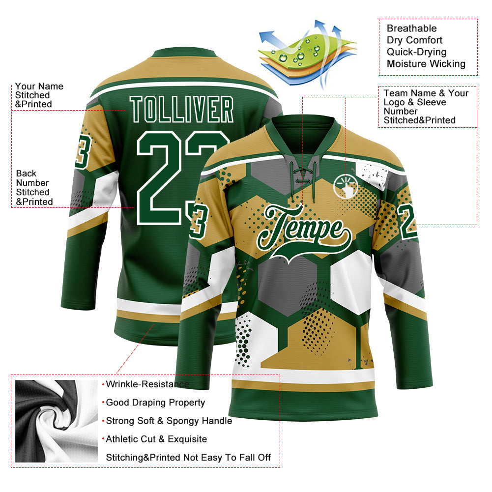Custom Old Gold Green-White 3D Pattern Geometric Shape Hockey Lace Neck Jersey