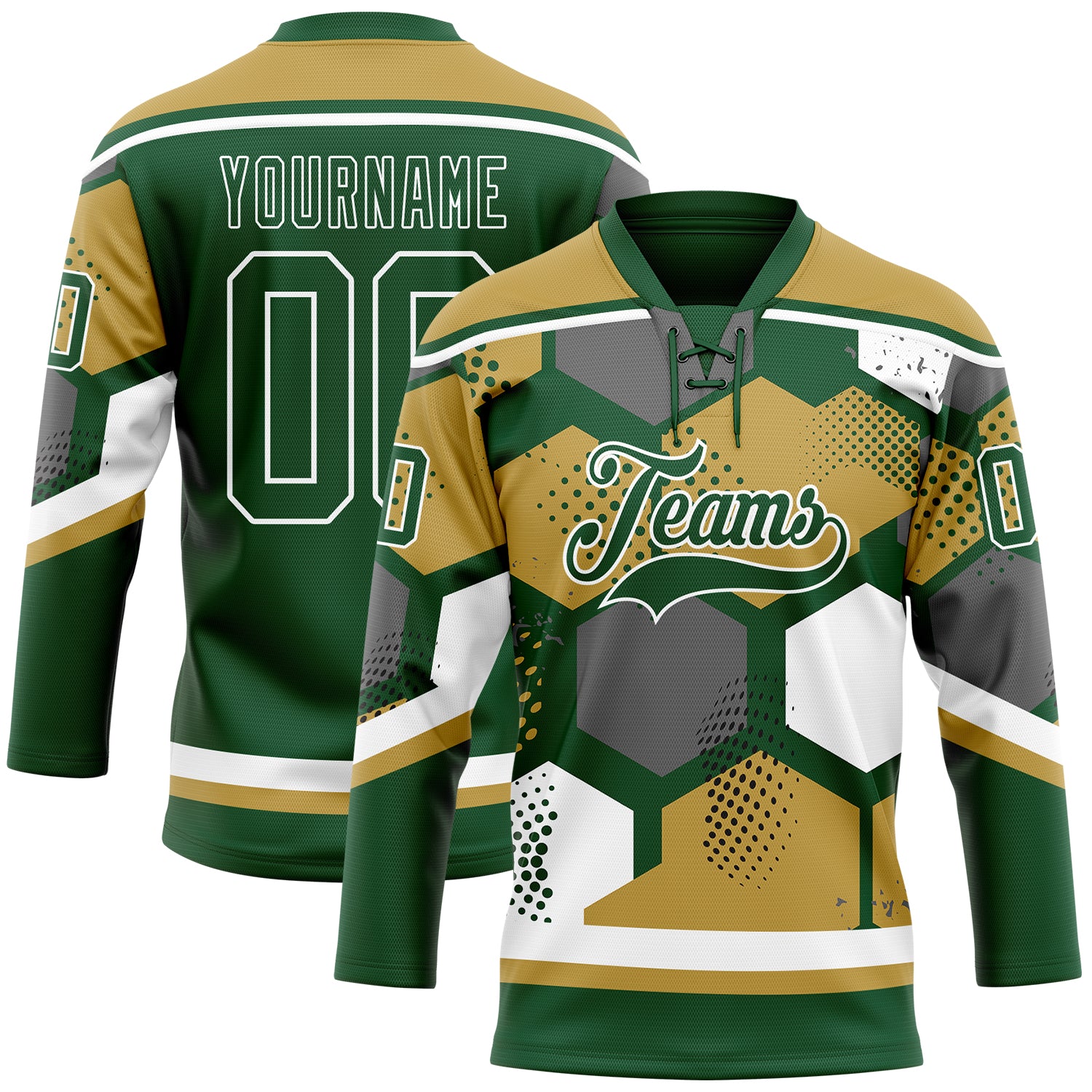 Custom Old Gold Green-White 3D Pattern Geometric Shape Hockey Lace Neck Jersey