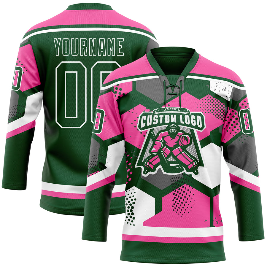 Custom Pink Green-White 3D Pattern Geometric Shape Hockey Lace Neck Jersey