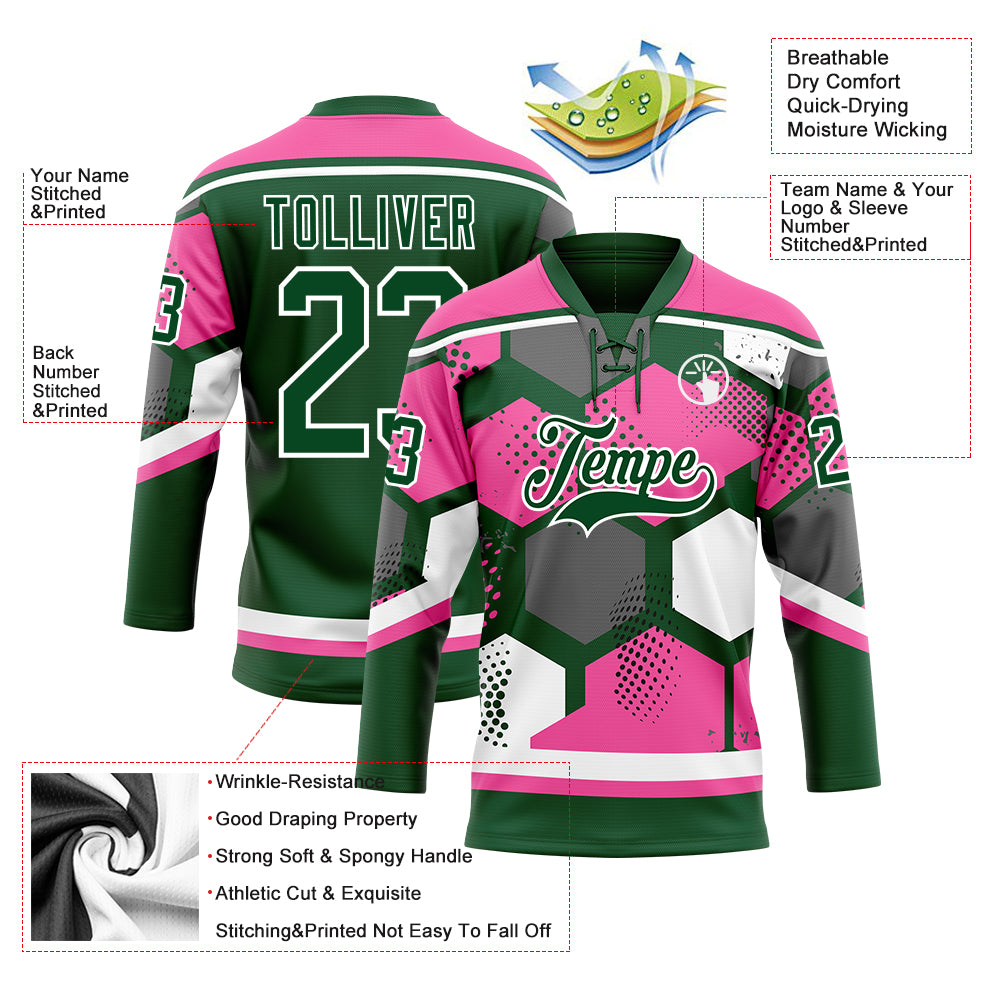 Custom Pink Green-White 3D Pattern Geometric Shape Hockey Lace Neck Jersey
