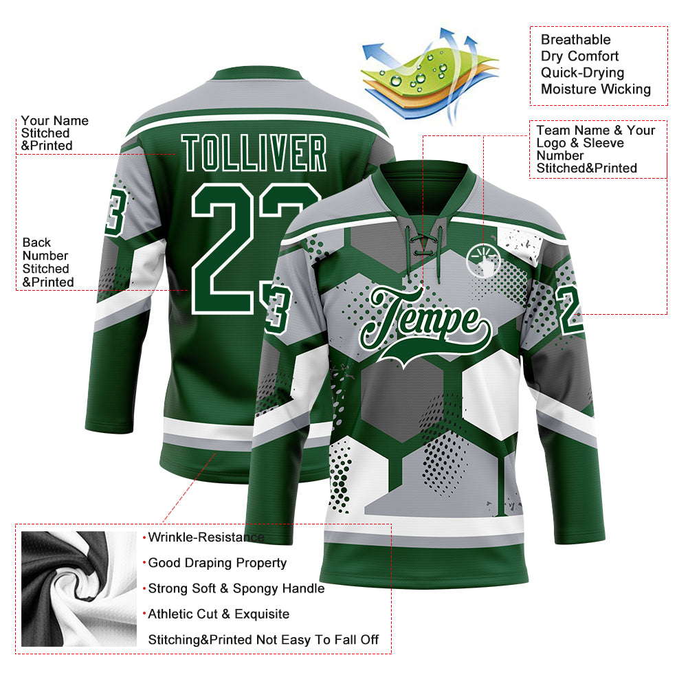 Custom Gray Green-White 3D Pattern Geometric Shape Hockey Lace Neck Jersey