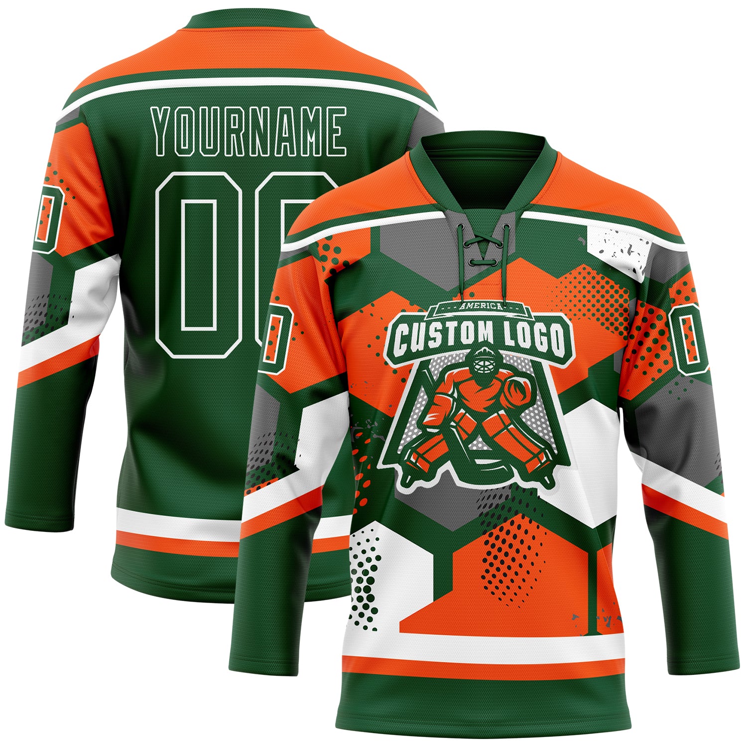 Custom Orange Green-White 3D Pattern Geometric Shape Hockey Lace Neck Jersey