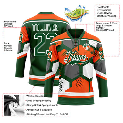 Custom Orange Green-White 3D Pattern Geometric Shape Hockey Lace Neck Jersey