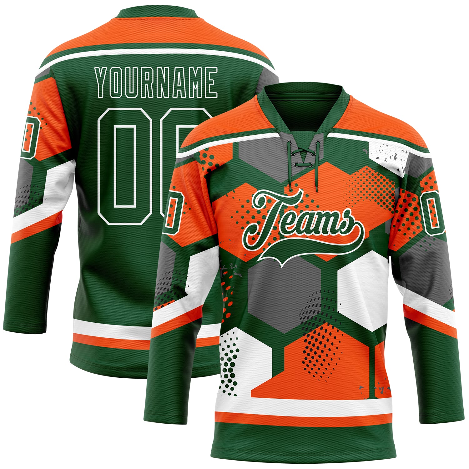 Custom Orange Green-White 3D Pattern Geometric Shape Hockey Lace Neck Jersey