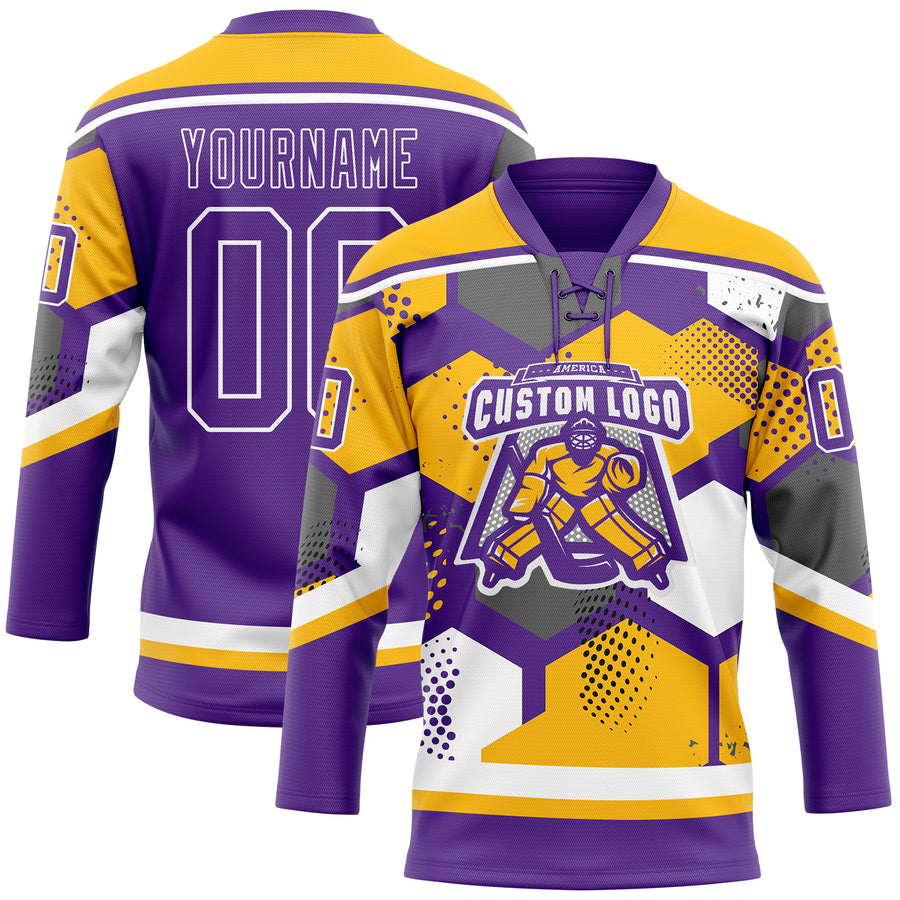 Custom Gold Purple-White 3D Pattern Geometric Shape Hockey Lace Neck Jersey