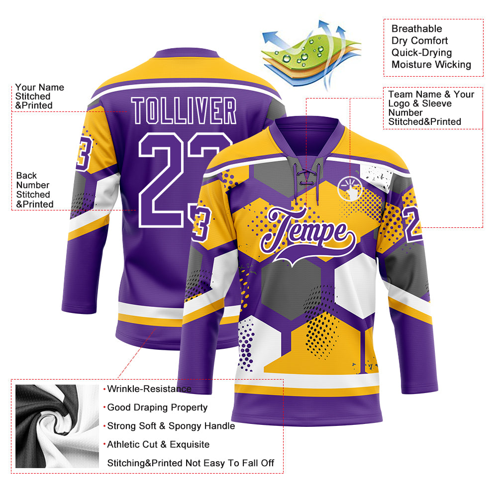 Custom Gold Purple-White 3D Pattern Geometric Shape Hockey Lace Neck Jersey