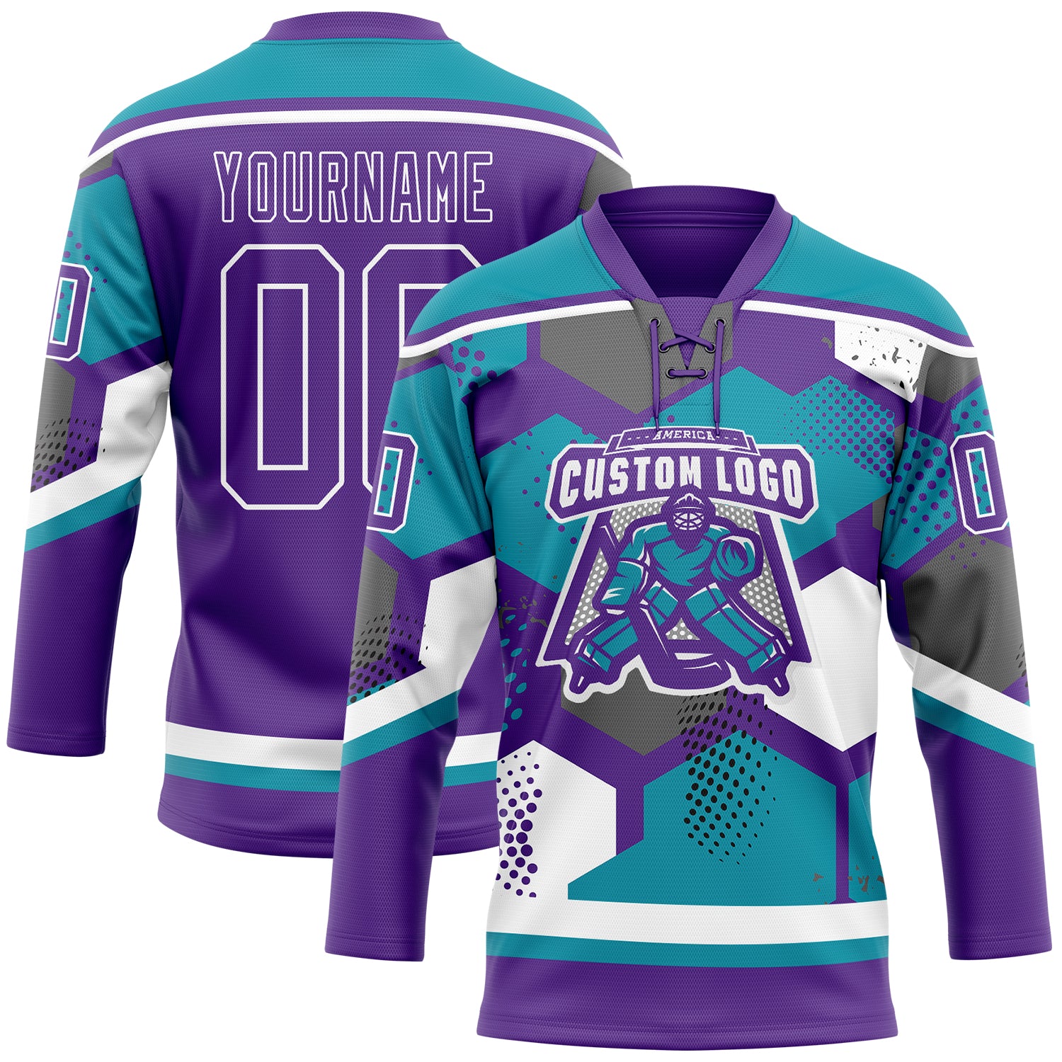 Custom Teal Purple-White 3D Pattern Geometric Shape Hockey Lace Neck Jersey