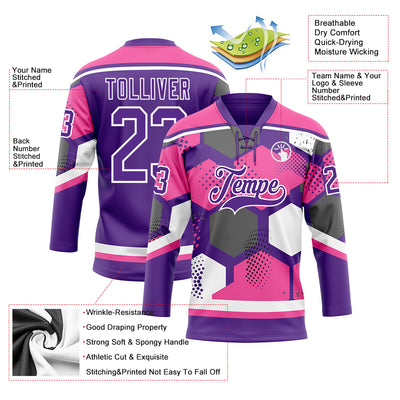 Custom Pink Purple-White 3D Pattern Geometric Shape Hockey Lace Neck Jersey