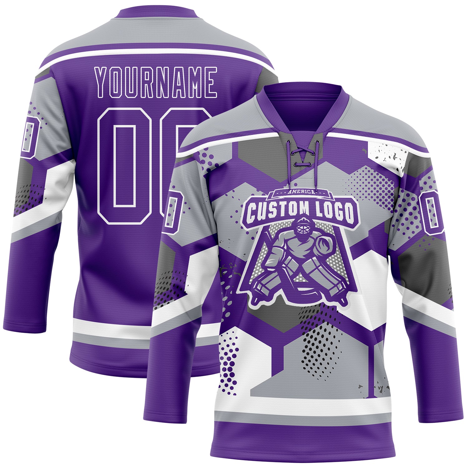 Custom Gray Purple-White 3D Pattern Geometric Shape Hockey Lace Neck Jersey