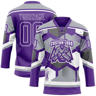 Custom Gray Purple-White 3D Pattern Geometric Shape Hockey Lace Neck Jersey