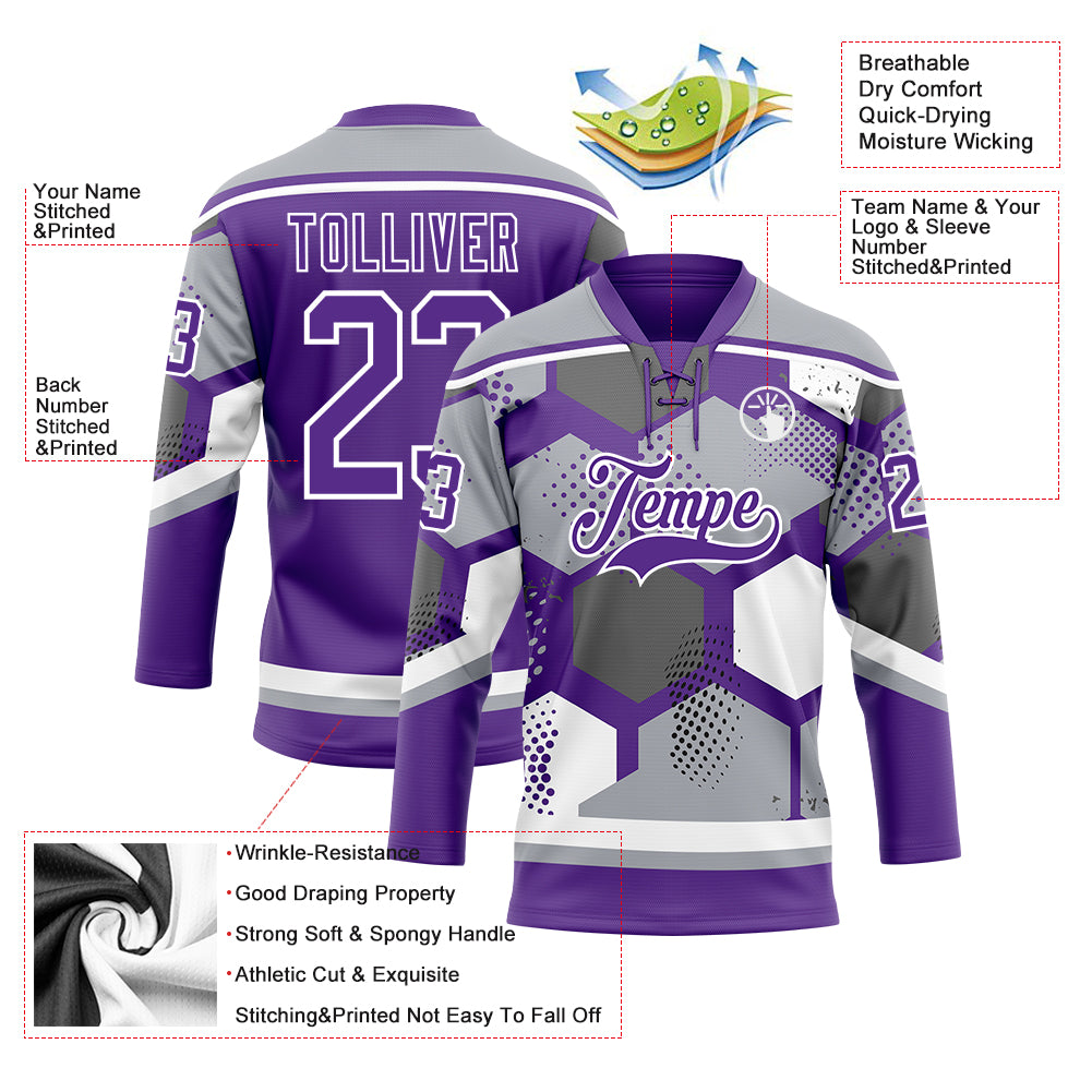 Custom Gray Purple-White 3D Pattern Geometric Shape Hockey Lace Neck Jersey