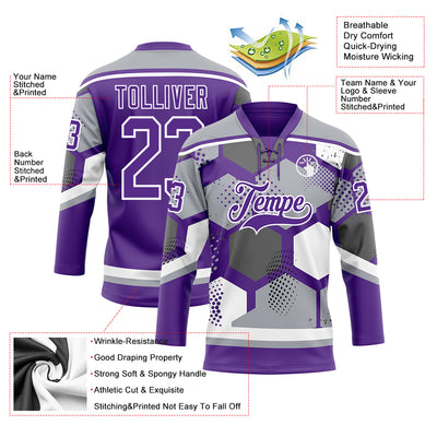 Custom Gray Purple-White 3D Pattern Geometric Shape Hockey Lace Neck Jersey