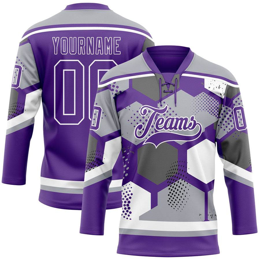 Custom Gray Purple-White 3D Pattern Geometric Shape Hockey Lace Neck Jersey
