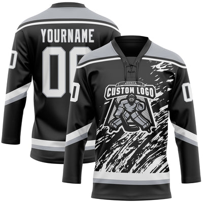 Custom Black White-Gray 3D Splash Art Hockey Lace Neck Jersey