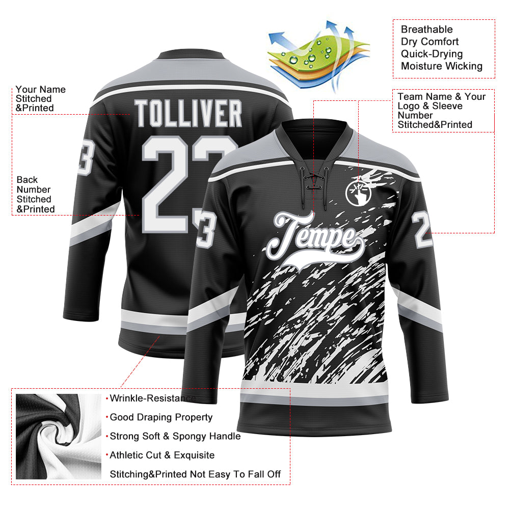 Custom Black White-Gray 3D Splash Art Hockey Lace Neck Jersey