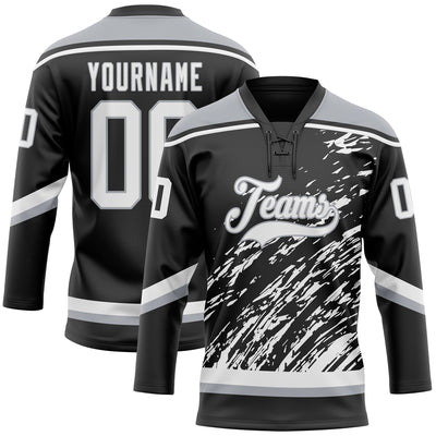 Custom Black White-Gray 3D Splash Art Hockey Lace Neck Jersey