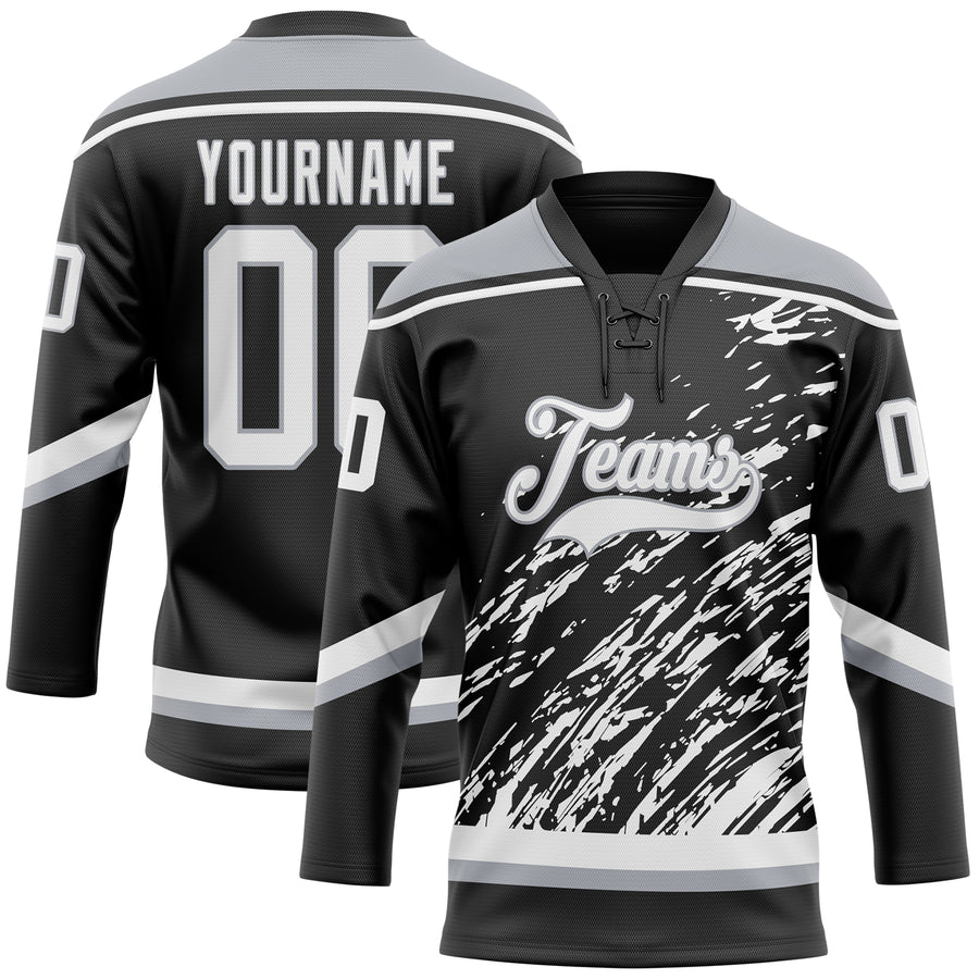 Custom Black White-Gray 3D Splash Art Hockey Lace Neck Jersey