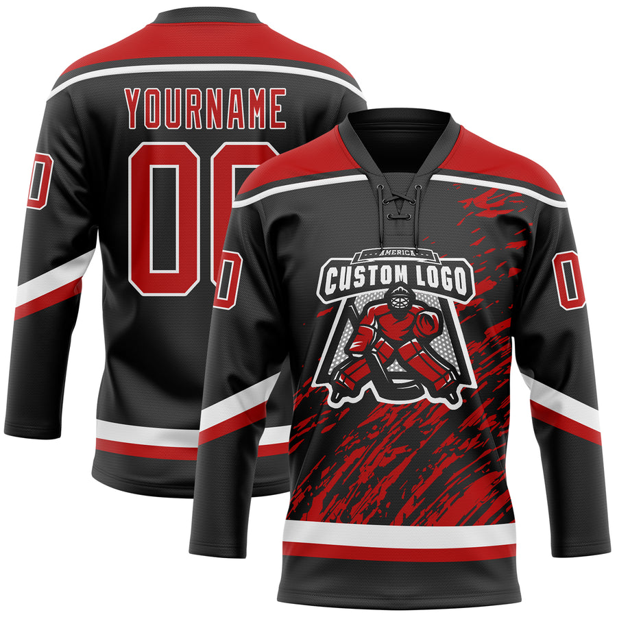 Custom Black Red-White 3D Splash Art Hockey Lace Neck Jersey