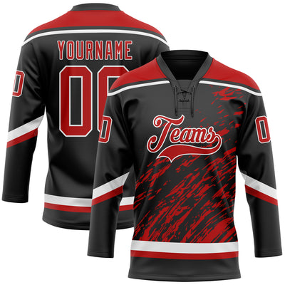 Custom Black Red-White 3D Splash Art Hockey Lace Neck Jersey