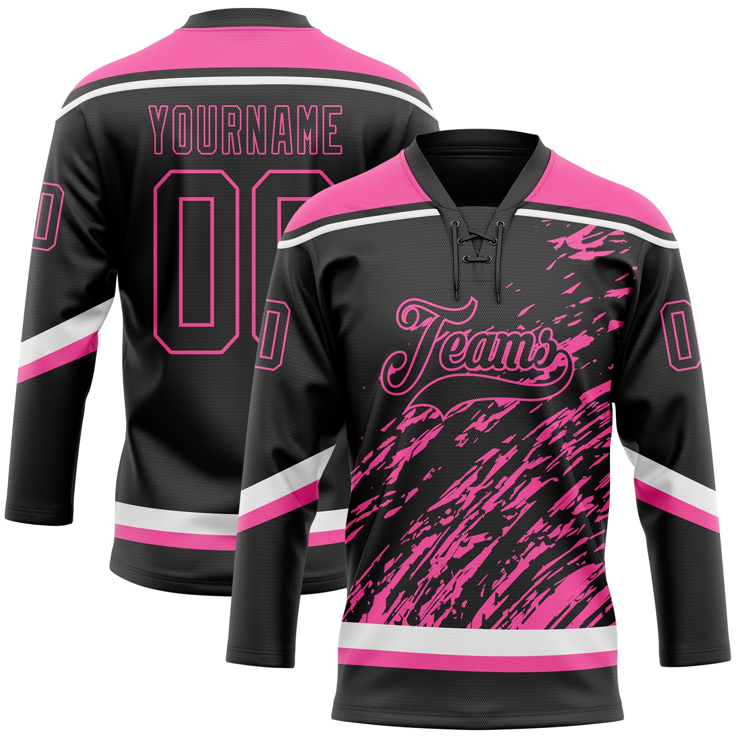Custom Black Pink-White 3D Splash Art Hockey Lace Neck Jersey