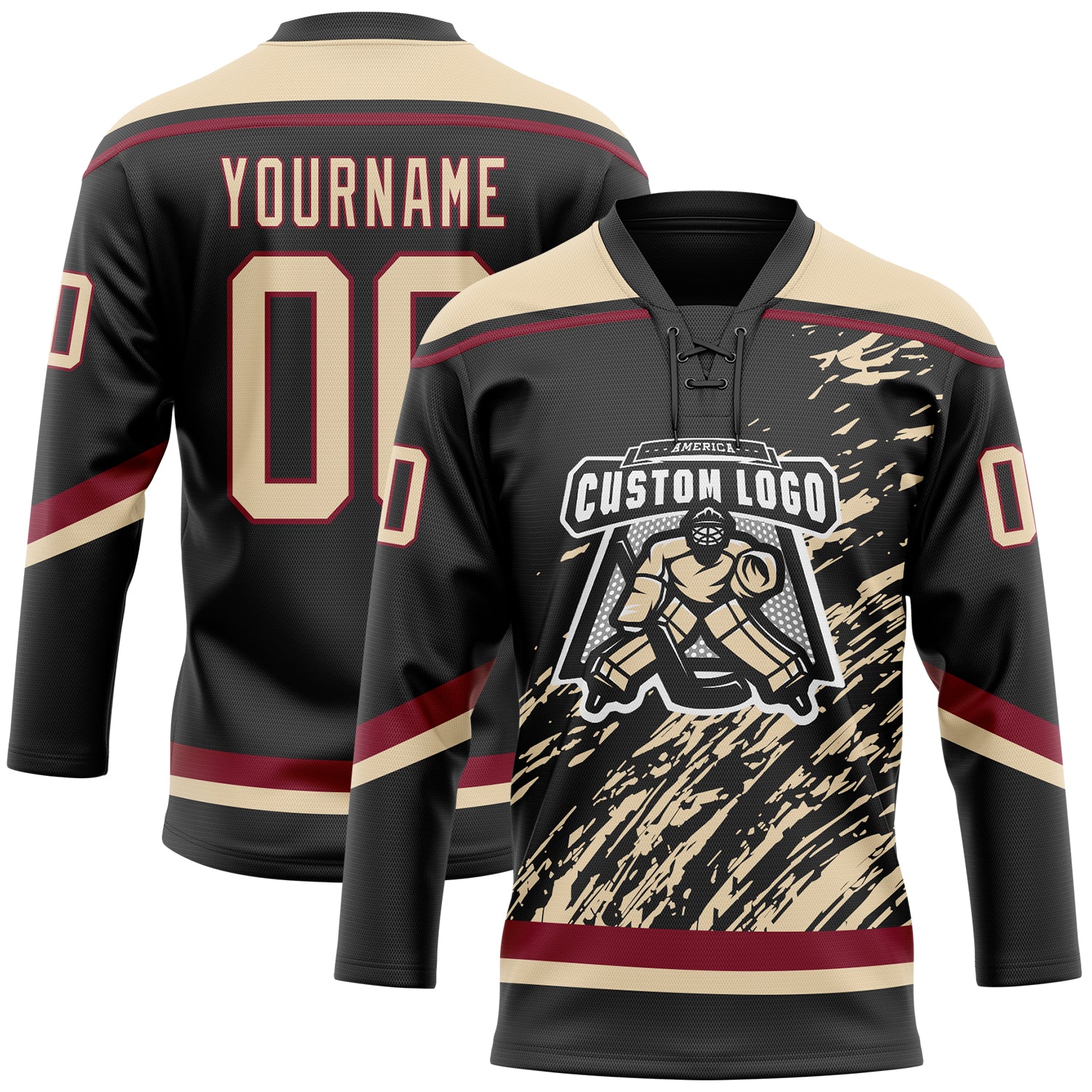 Custom Black City Cream-Crimson 3D Splash Art Hockey Lace Neck Jersey