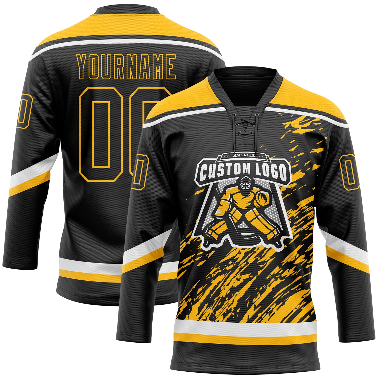 Custom Black Gold-White 3D Splash Art Hockey Lace Neck Jersey