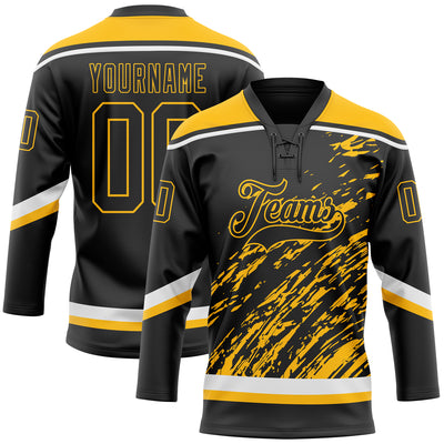Custom Black Gold-White 3D Splash Art Hockey Lace Neck Jersey