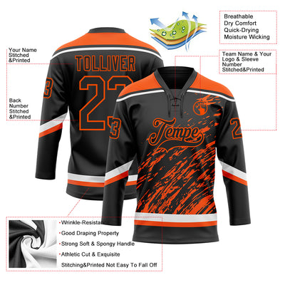 Custom Black Orange-White 3D Splash Art Hockey Lace Neck Jersey